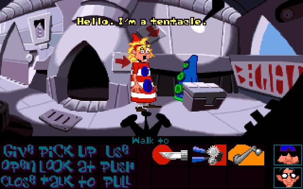Scène du jeu "Day of the Tentacle". Une fille déguisée en tentacule dit à un tentacule mauve "Hello. I'm a tentacle".