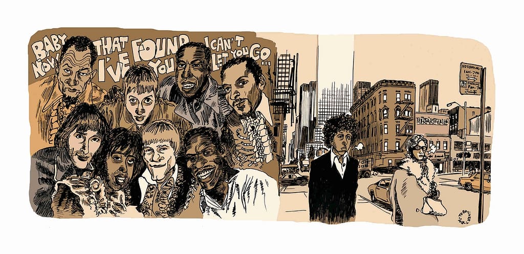 Dessin du groupe The Foundations avec des paroles de "Build me up buttercup" derrière eux. À droite, Ivan Julian, jeune, erre dans les rues de New York.