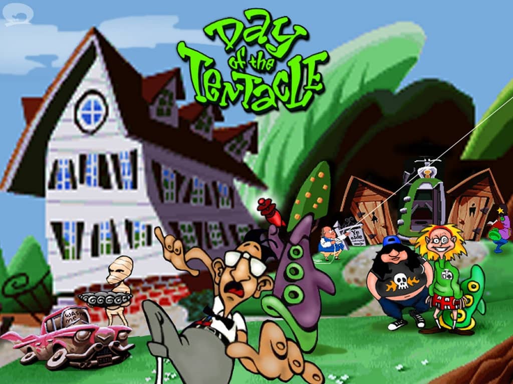 Scène du jeu "Day of the Tentacle". Tous les protagonistes du jeu fuient.