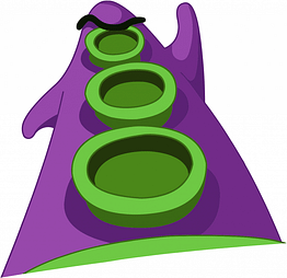 Scène du jeu "Day of the Tentacle". Tentacule mauve menaçant en contre-plongée.